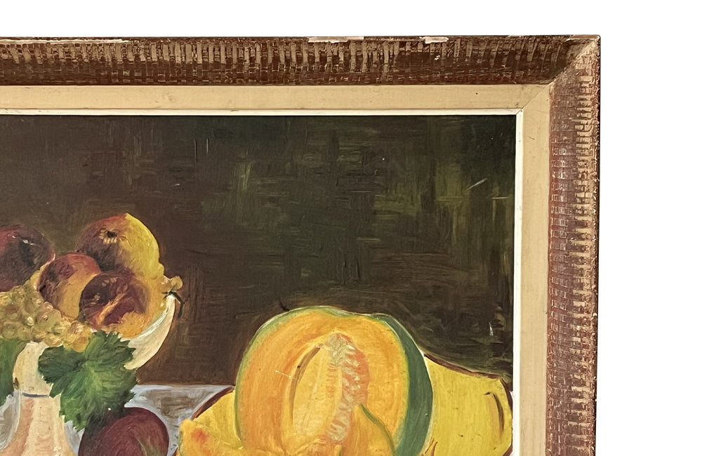 Modernist still life painting of a cut open melon on yellow dish with peaches and grapes on a creamware compote