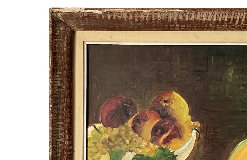 Modernist still life painting of a cut open melon on yellow dish with peaches and grapes on a creamware compote
