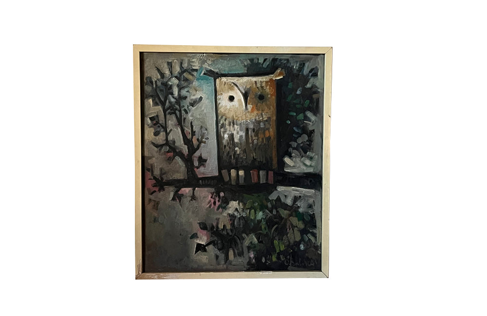 Vintage oil painting of an owl Modernist 20th Century Spanish.