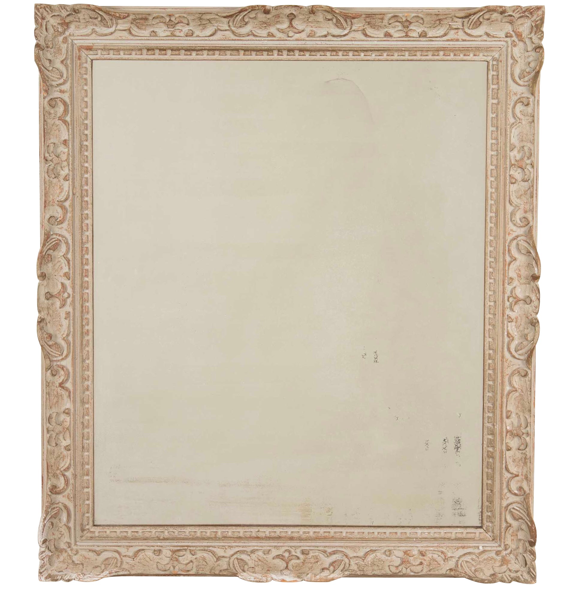 Beautiful, large early 20th Century French carved framed mirror with lovely old foxed mirror glass and original paint.