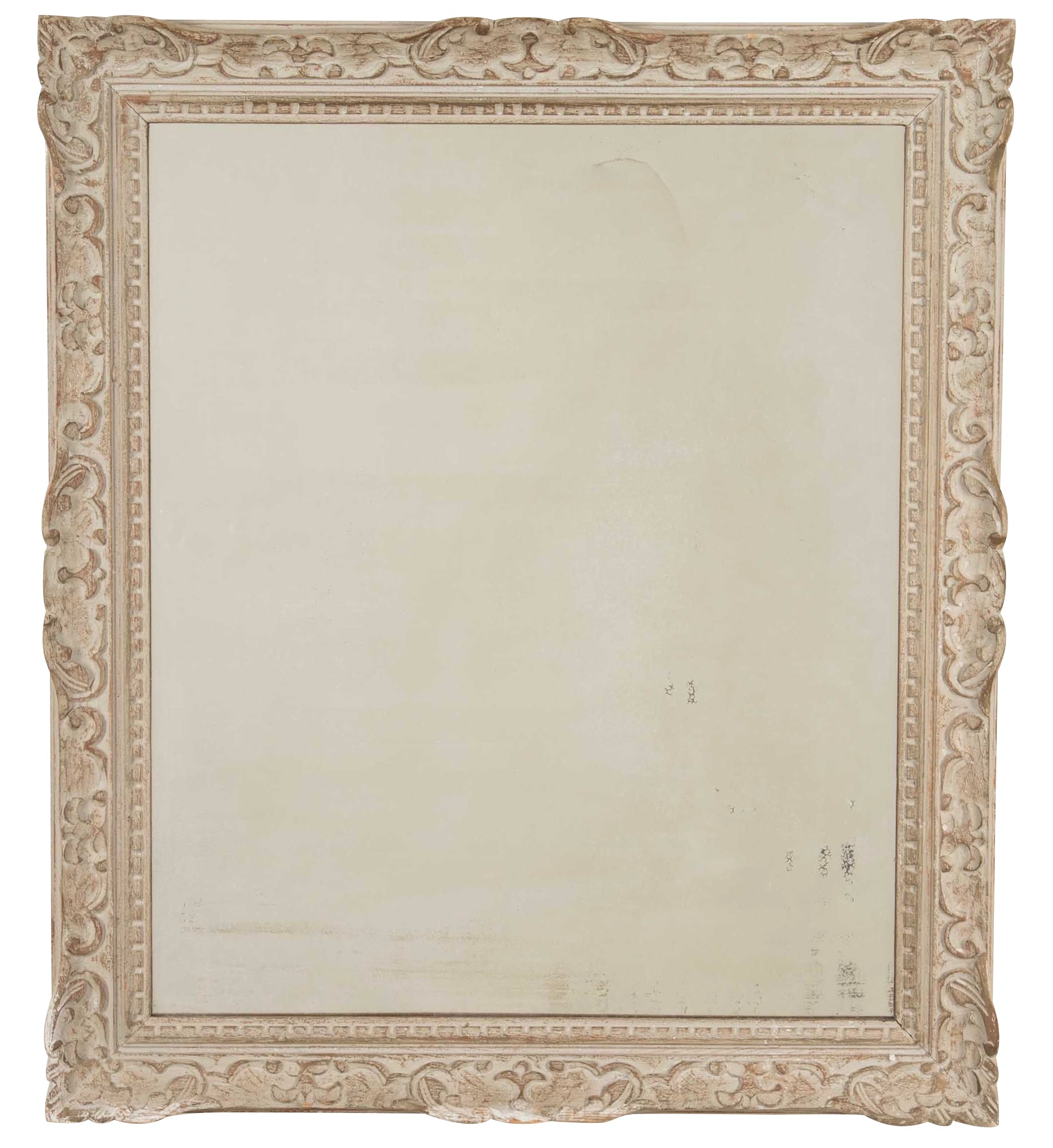 Beautiful, large early 20th Century French carved framed mirror with lovely old foxed mirror glass and original paint.