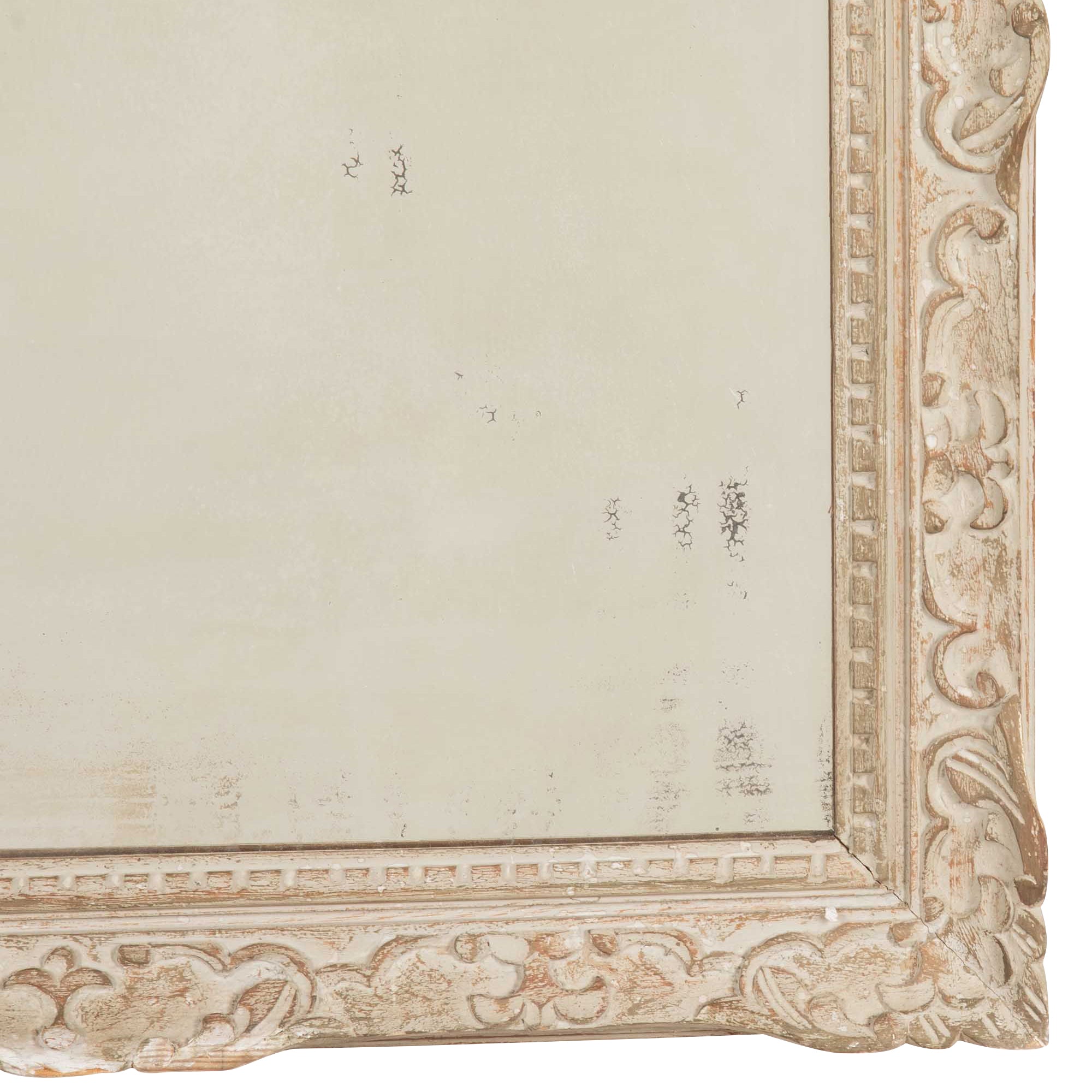 Beautiful, large early 20th Century French carved framed mirror with lovely old foxed mirror glass and original paint.