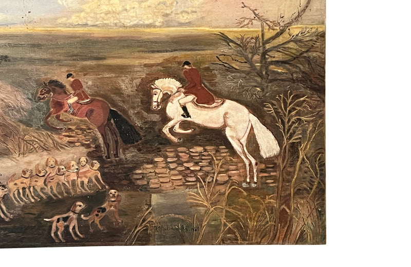 20th century naive painting on linen of a hunt with hounds and horsemen.