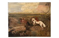 20th century naive painting on linen of a hunt with hounds and horsemen.