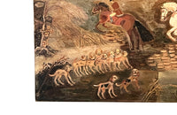 20th century naive painting on linen of a hunt with hounds and horsemen.