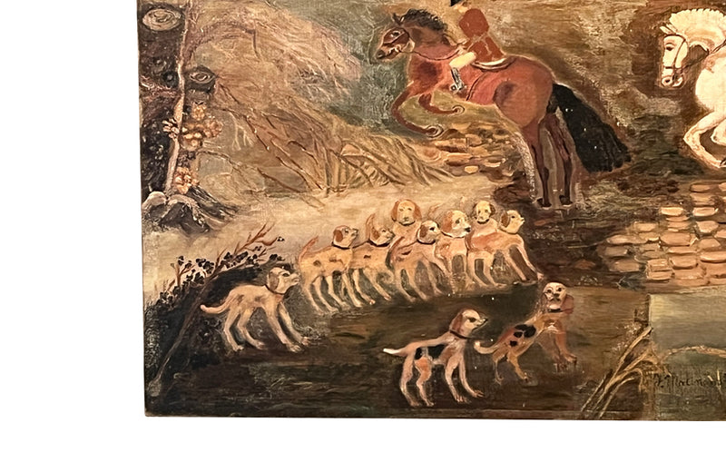 20th century naive painting on linen of a hunt with hounds and horsemen.