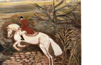 20th century naive painting on linen of a hunt with hounds and horsemen.