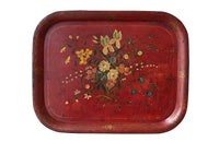 Large Napoleon III red tole tray decorated with a bouquet of flowers - French Antiques