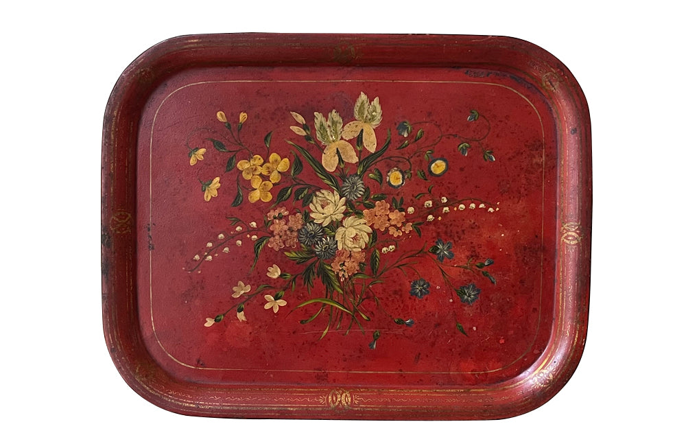 Large Napoleon III red tole tray decorated with a bouquet of flowers - French Antiques