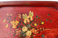 Large Napoleon III red tole tray decorated with a bouquet of flowers - French Antiques