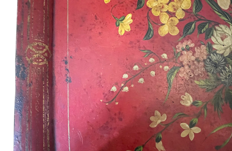 Large Napoleon III red tole tray decorated with a bouquet of flowers - French Antiques