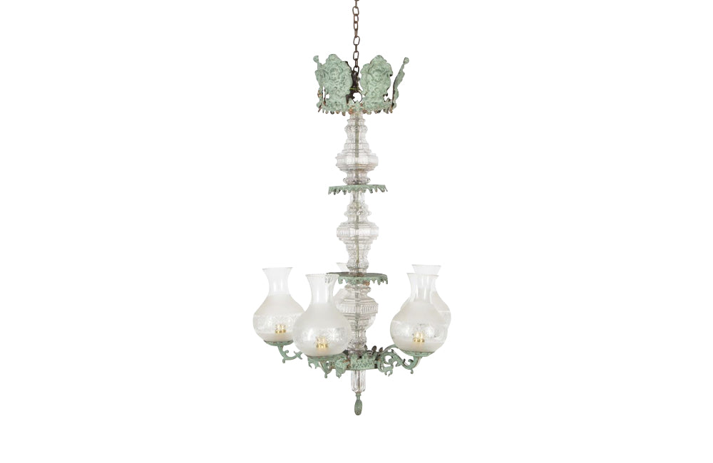 Beautiful French 19th Century four tiered gilt brass chandelier with verdigris finish