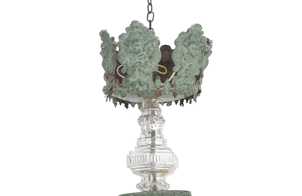 Beautiful French 19th Century four tiered gilt brass chandelier with verdigris finish