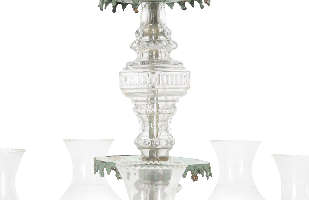 Beautiful French 19th Century four tiered gilt brass chandelier with verdigris finish