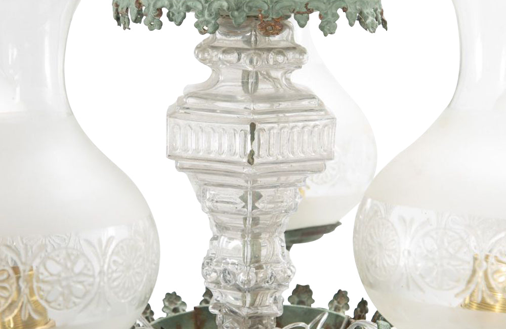 Beautiful French 19th Century four tiered gilt brass chandelier with verdigris finish