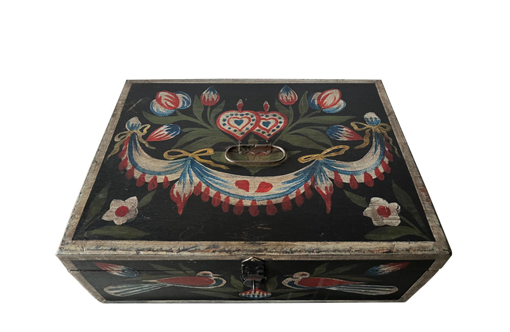 Charming, 19th century small painted Normandy marriage coffer.