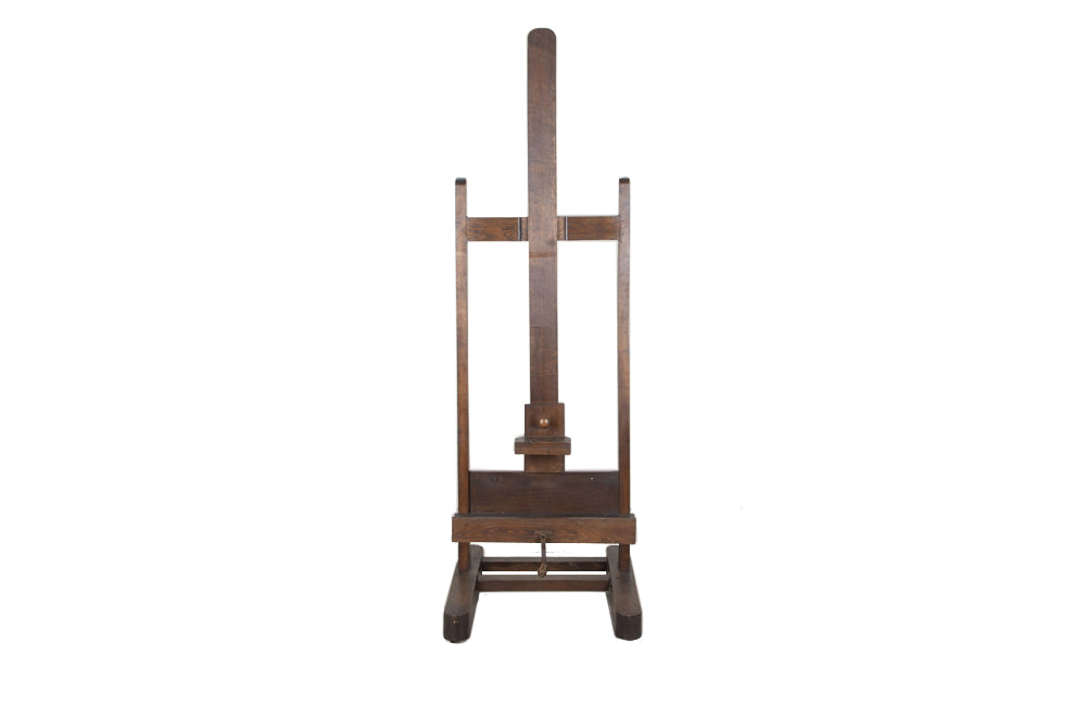 French, oak artist's easel with hand crank mechanism for adjusting height with iron turning screw circa 1900