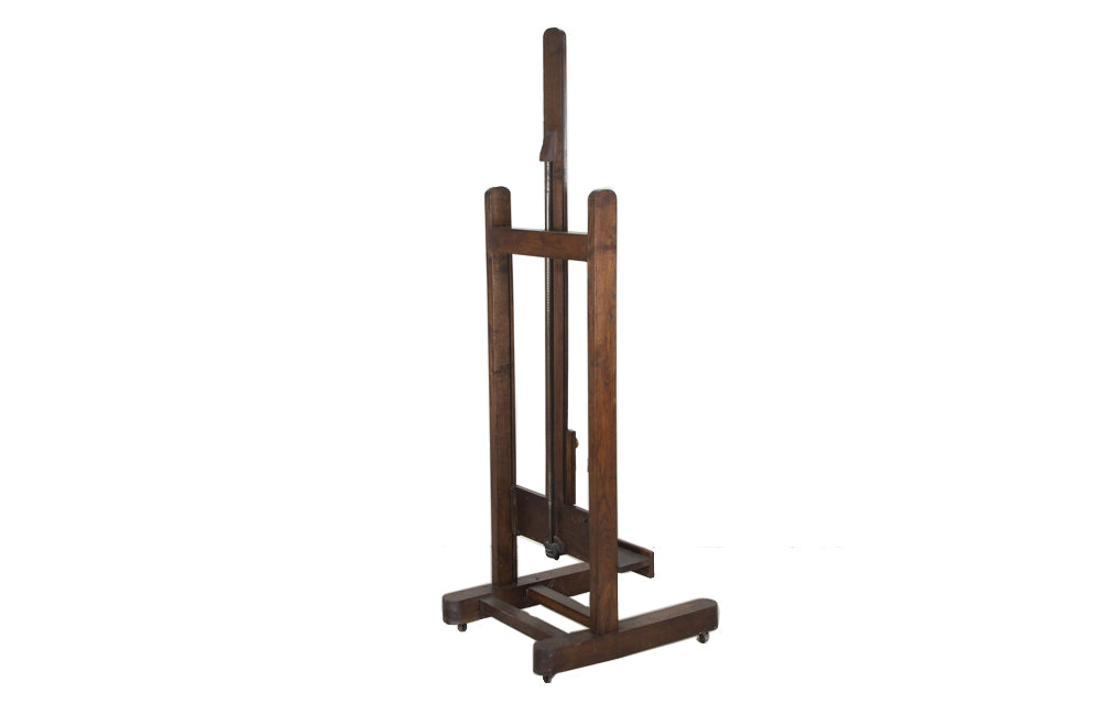 French, oak artist's easel with hand crank mechanism for adjusting height with iron turning screw circa 1900