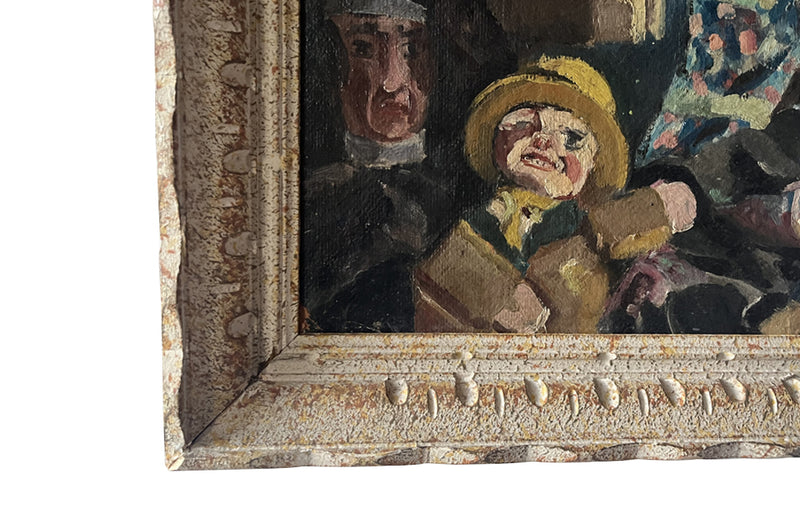 Framed oil painting of a group of French puppets known as Guignols.