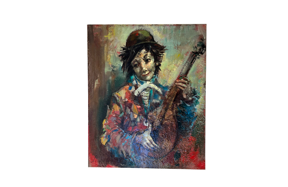 20th century oil on canvas painting of a young clown with mandolin by Marc Selva.