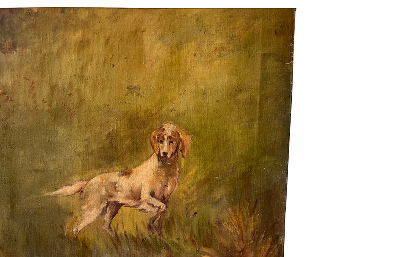 19th century oil on canvas painting depicting a hound flushing out a duck from reeds.