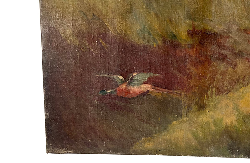 19th century oil on canvas painting depicting a hound flushing out a duck from reeds.