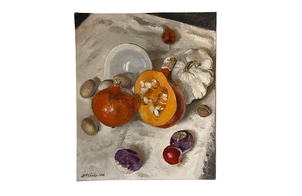 Oil on canvas still life painting featuring a bowl, eggs, pumpkin, squash, turnips, plum and a walnut by Chalus - French Antiques