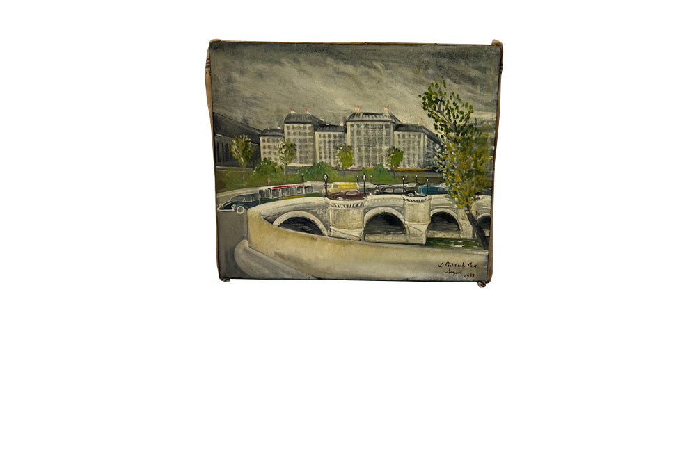Charming mid century painting of Paris featuring the Pont Neuf