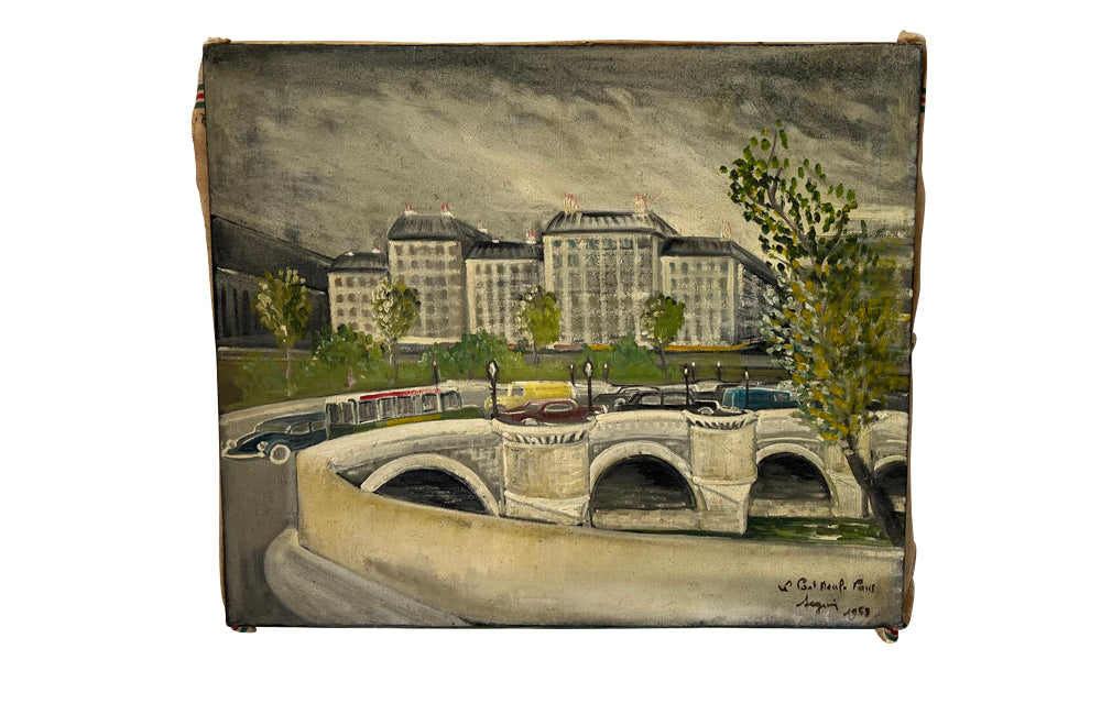 Charming mid century painting of Paris featuring the Pont Neuf