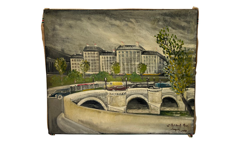 Charming mid century painting of Paris featuring the Pont Neuf