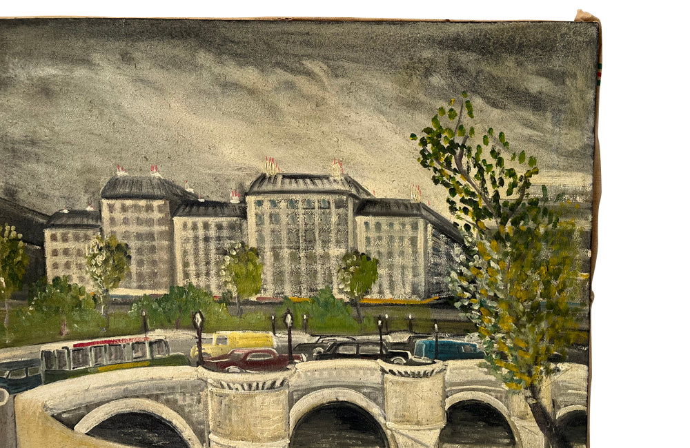 Charming mid century painting of Paris featuring the Pont Neuf