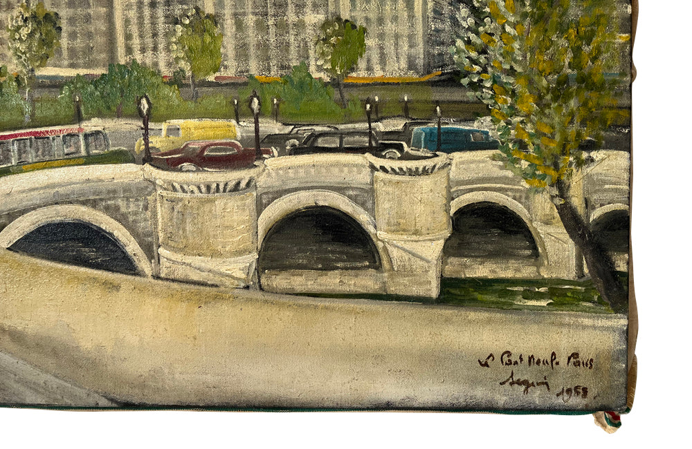 Charming mid century painting of Paris featuring the Pont Neuf