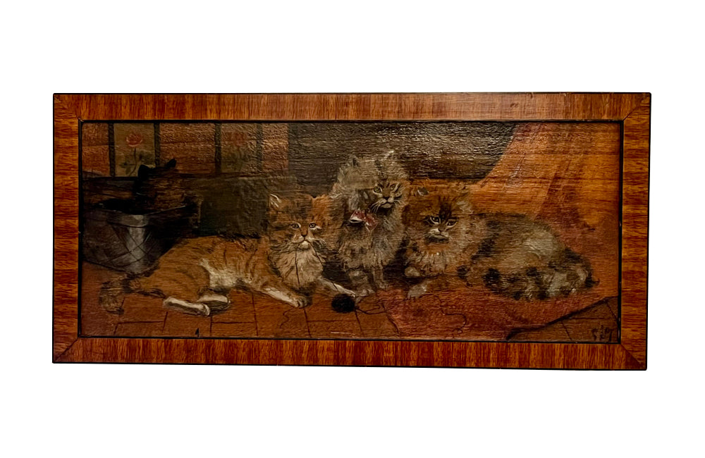 Charming small oil painting of an inteior with four fluffy cats with a ball of string