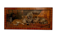 Charming small oil painting of an inteior with four fluffy cats with a ball of string