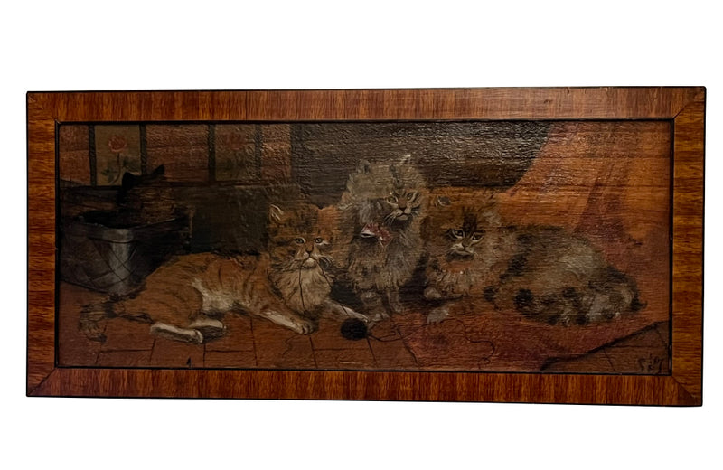 Charming small oil painting of an inteior with four fluffy cats with a ball of string