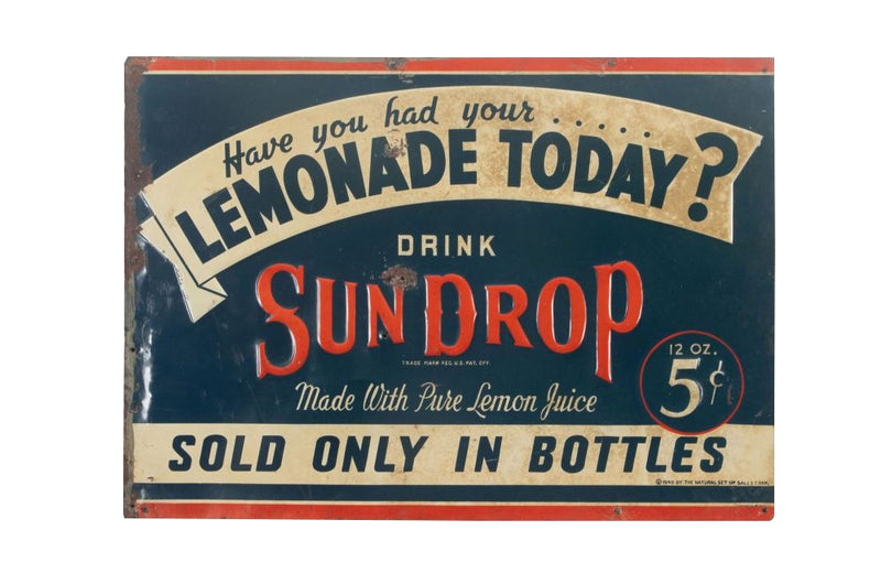 Original tole advertising sign for 'Sun-Drop Lemonade'