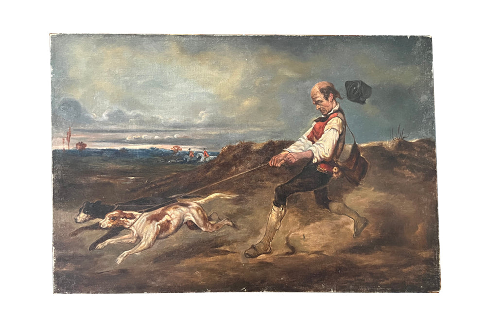 19th century French oil on canvas depicting a Keeper of the Hounds with two hounds on a leash with mounted riders in livery on a hunt. 
