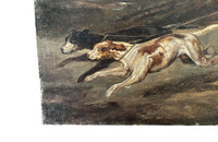19th century French oil on canvas depicting a Keeper of the Hounds with two hounds on a leash with mounted riders in livery on a hunt - French Antiques