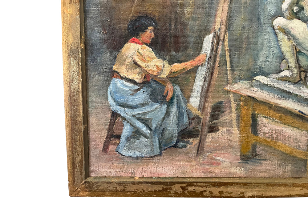 Charming painting of a female artist, sleeves rolled up, at her easel, serenely sketching a study of a classical nude sculpture.