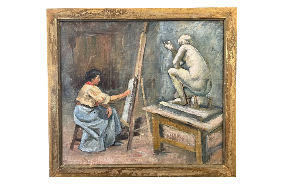 Charming painting of a female artist, sleeves rolled up, at her easel, serenely sketching a study of a classical nude sculpture - French Antiques