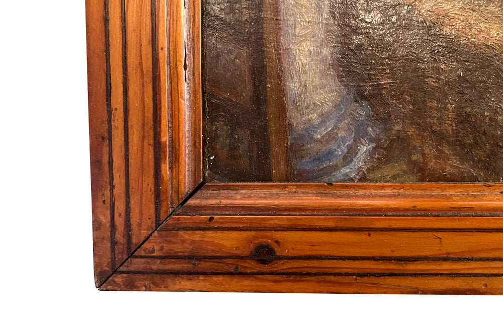 Charming, framed, small oil on wood painting of an interior scene depicting a mother and her son - French Antiques