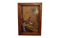 Charming, framed, small oil on wood painting of an interior scene depicting a mother and her son - French Antiques