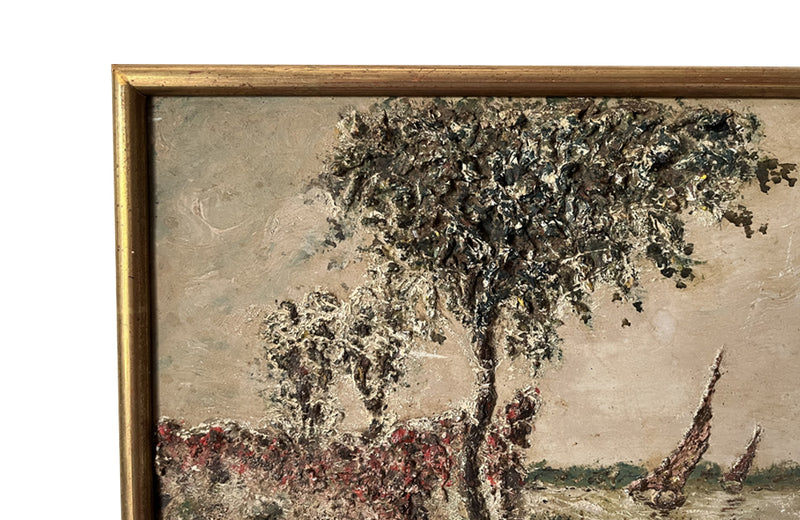 20th Century oil on-board painting of an Italian lake scene depicting a view of sailing boats through a garden wall.