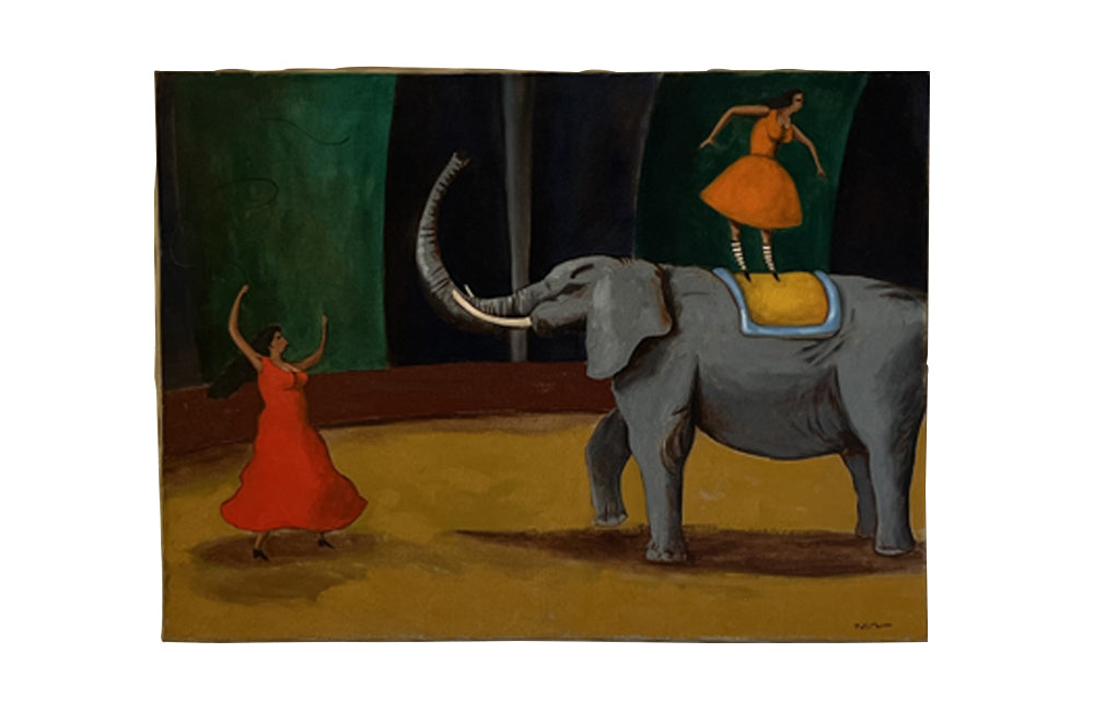 Acrylic on linen painting of a circus scene depicting a performance with female dancer on an elephant and a female trainer, signed by the artist, Tati Mouzo - French Antiques