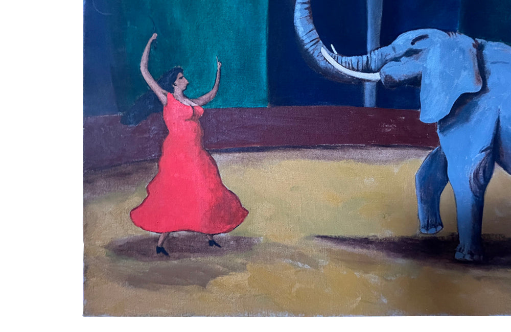 Acrylic on linen painting of a circus scene depicting a performance with female dancer on an elephant and a female trainer, signed by the artist, Tati Mouzo - French Antiques