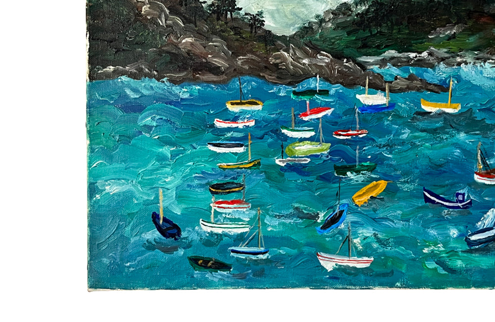 Vibrant and colourful signed oil painting of boats on the coast of Trebeuden, Brittany.