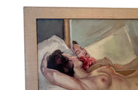 Framed oil on canvas painting of a sleeping reclining female with a rose signed  J. Miermont