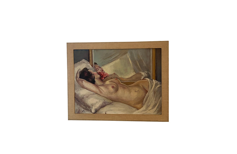 Framed oil on canvas painting of a sleeping reclining female with a rose signed  J. Miermont