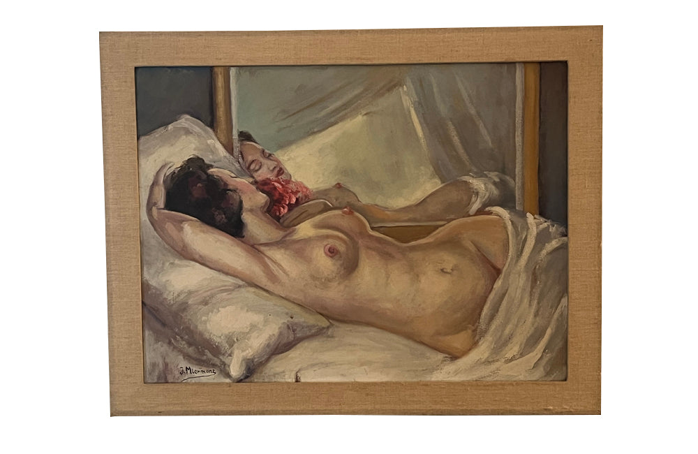 Framed oil on canvas painting of a sleeping reclining female with a rose signed  J. Miermont