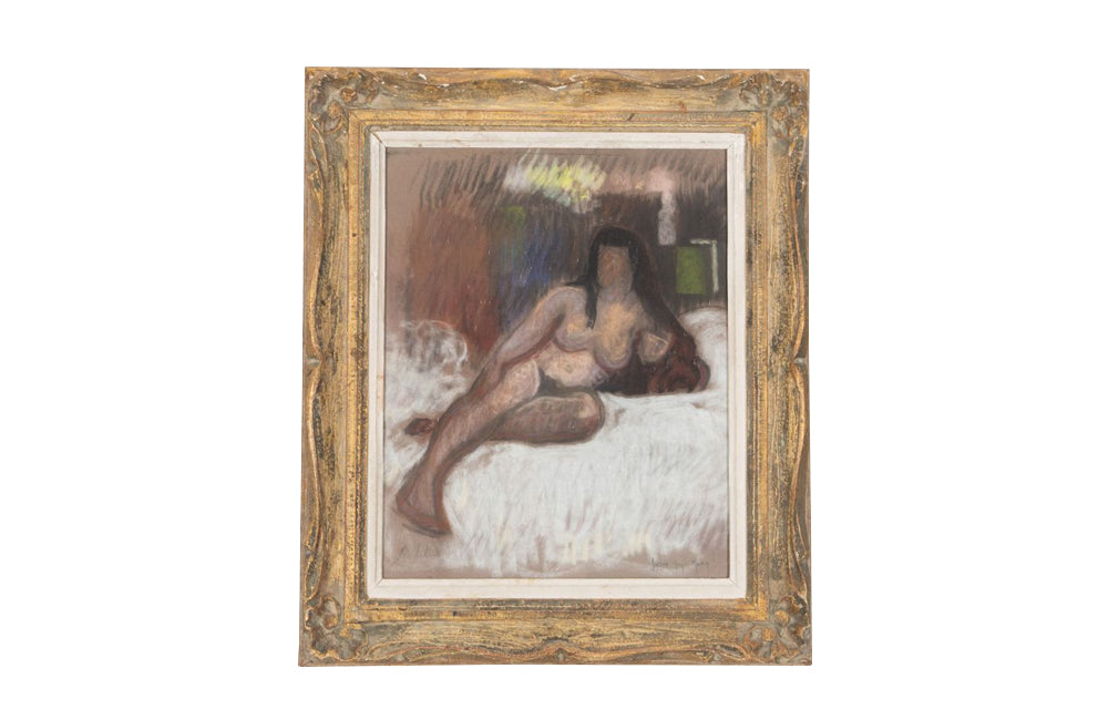 Signed portrait of a recling nude female figure with long dark hair by the artist, Henri Andre Martin